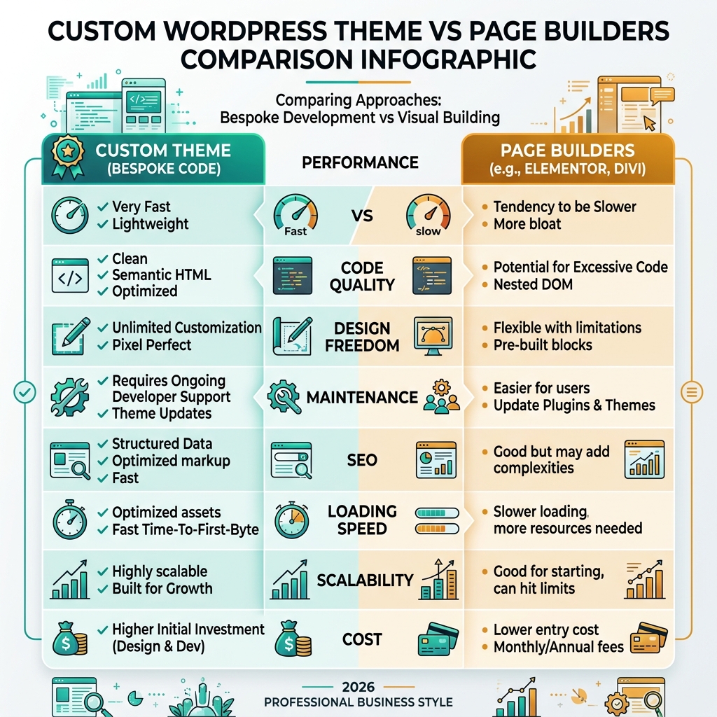 Custom WordPress vs Page Builders comparison chart 2026