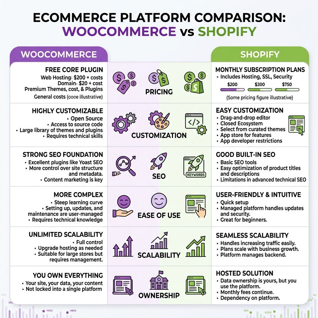 WooCommerce vs Shopify side-by-side comparison chart 2025