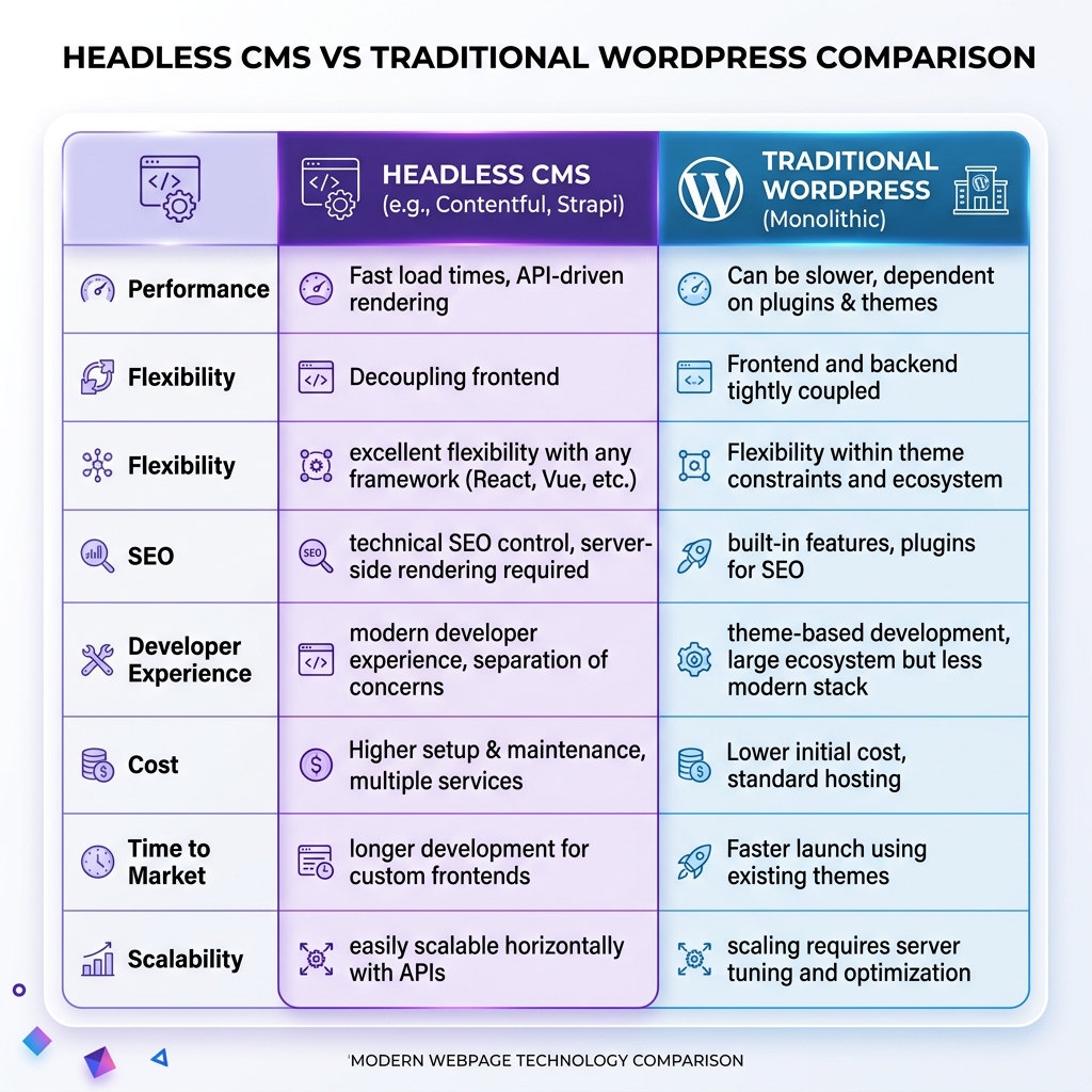 Headless vs Traditional WordPress comparison chart 2026