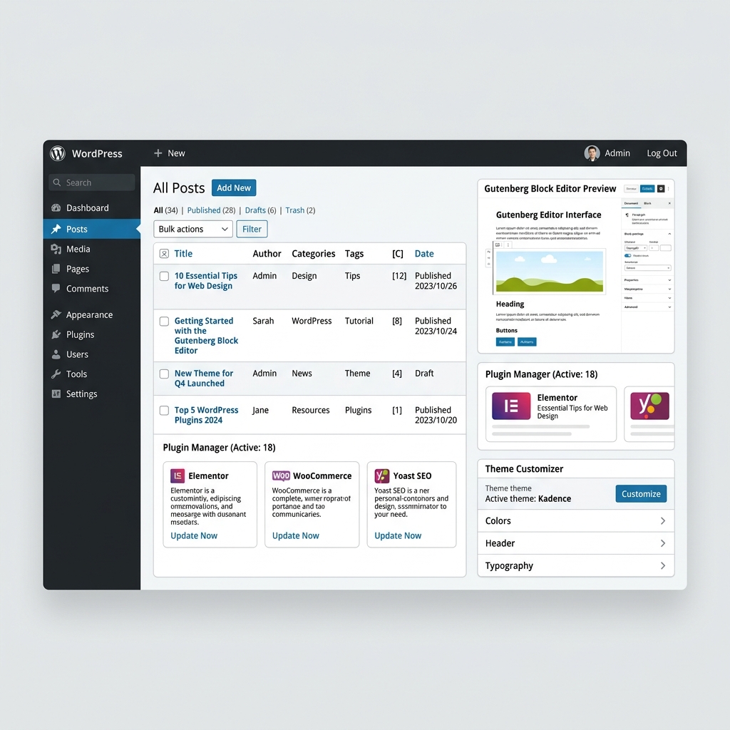 WordPress Admin Dashboard and CMS Features