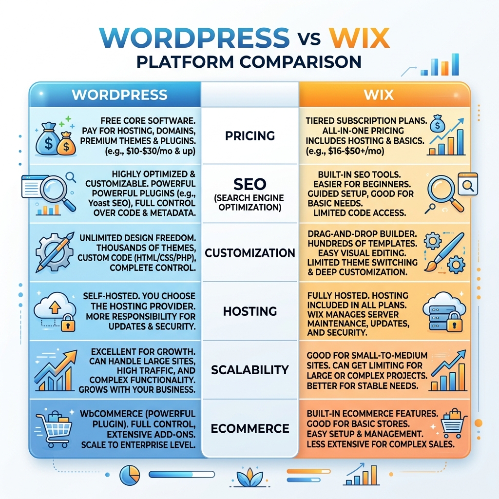 WordPress vs Wix side-by-side comparison chart 2026