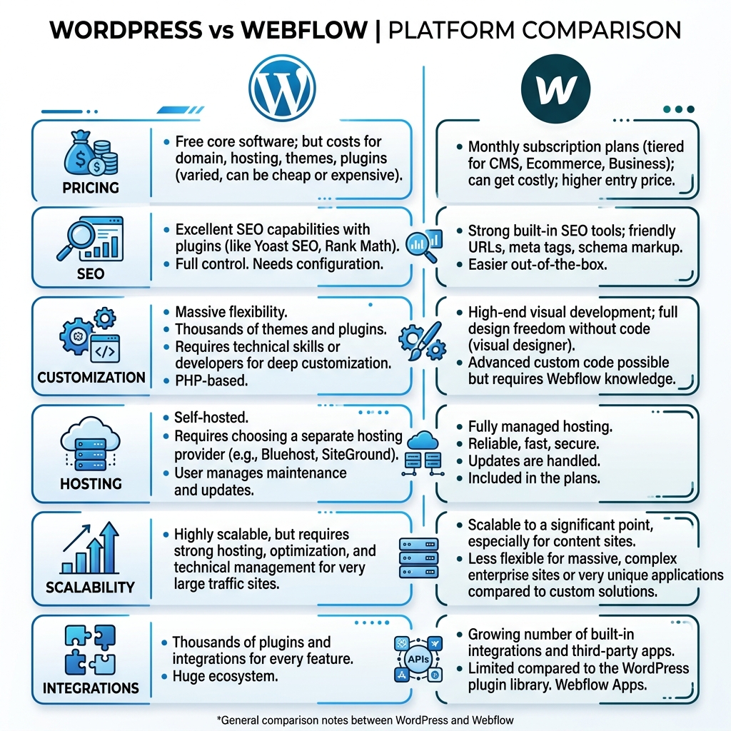WordPress vs Webflow side-by-side comparison chart 2026